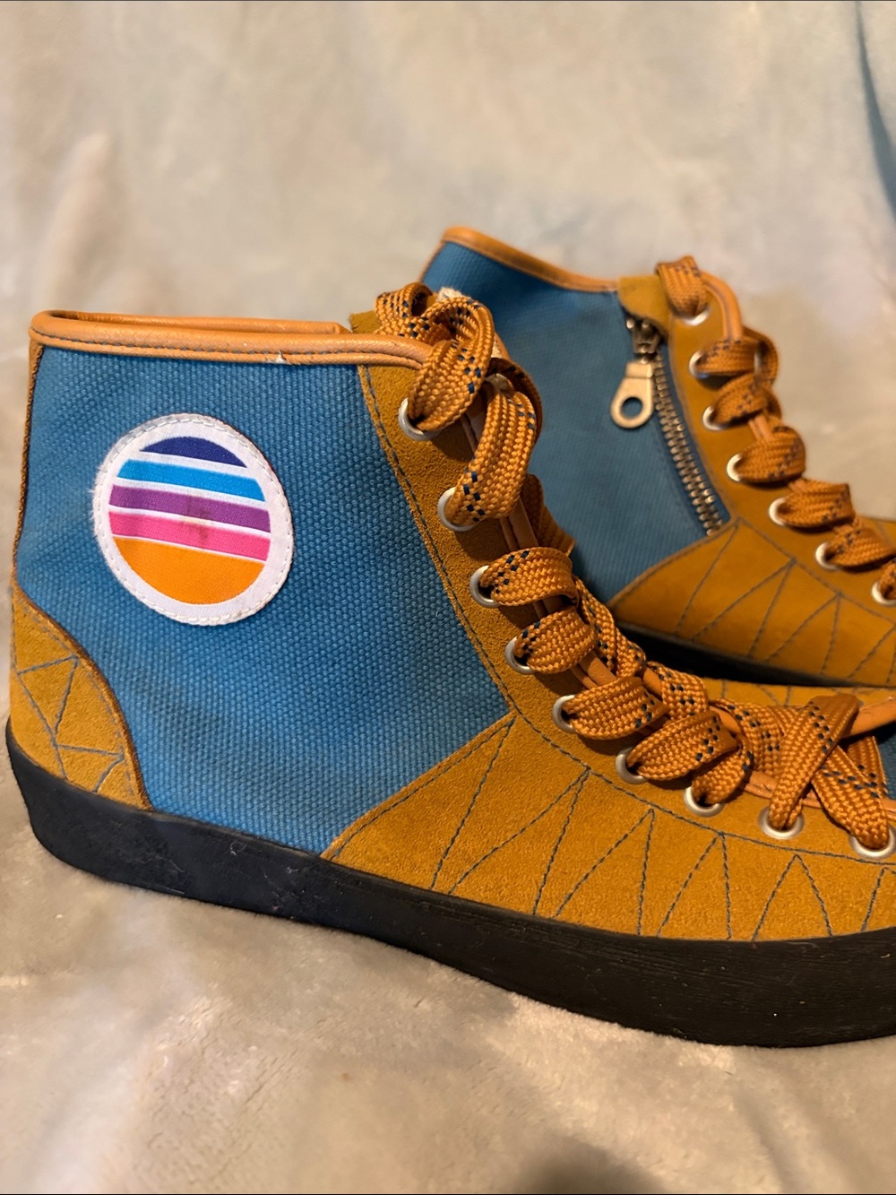 Women’s High-Top Canvas and Suede Sneakers in Teal and Mustard